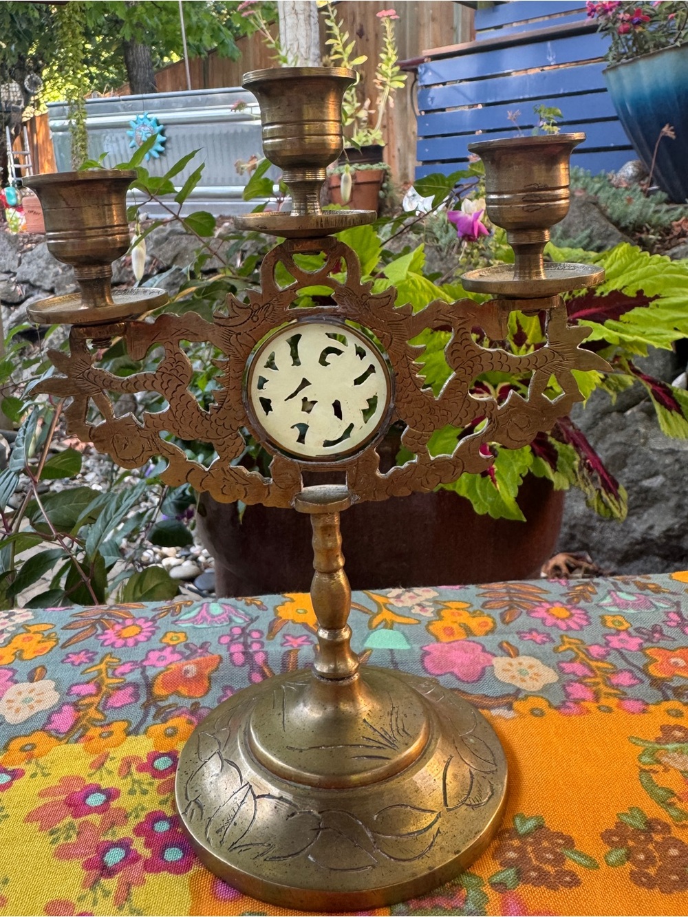 Vintage Chinese Brass Dragon 3-Arm Candelabra Jade-Style Medallion